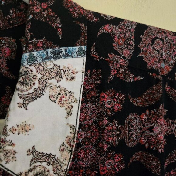 Ecru Patchwork Paisley Blouse Burgundy Cream Blue Patchwork Paisley Size L - Picture 4 of 9